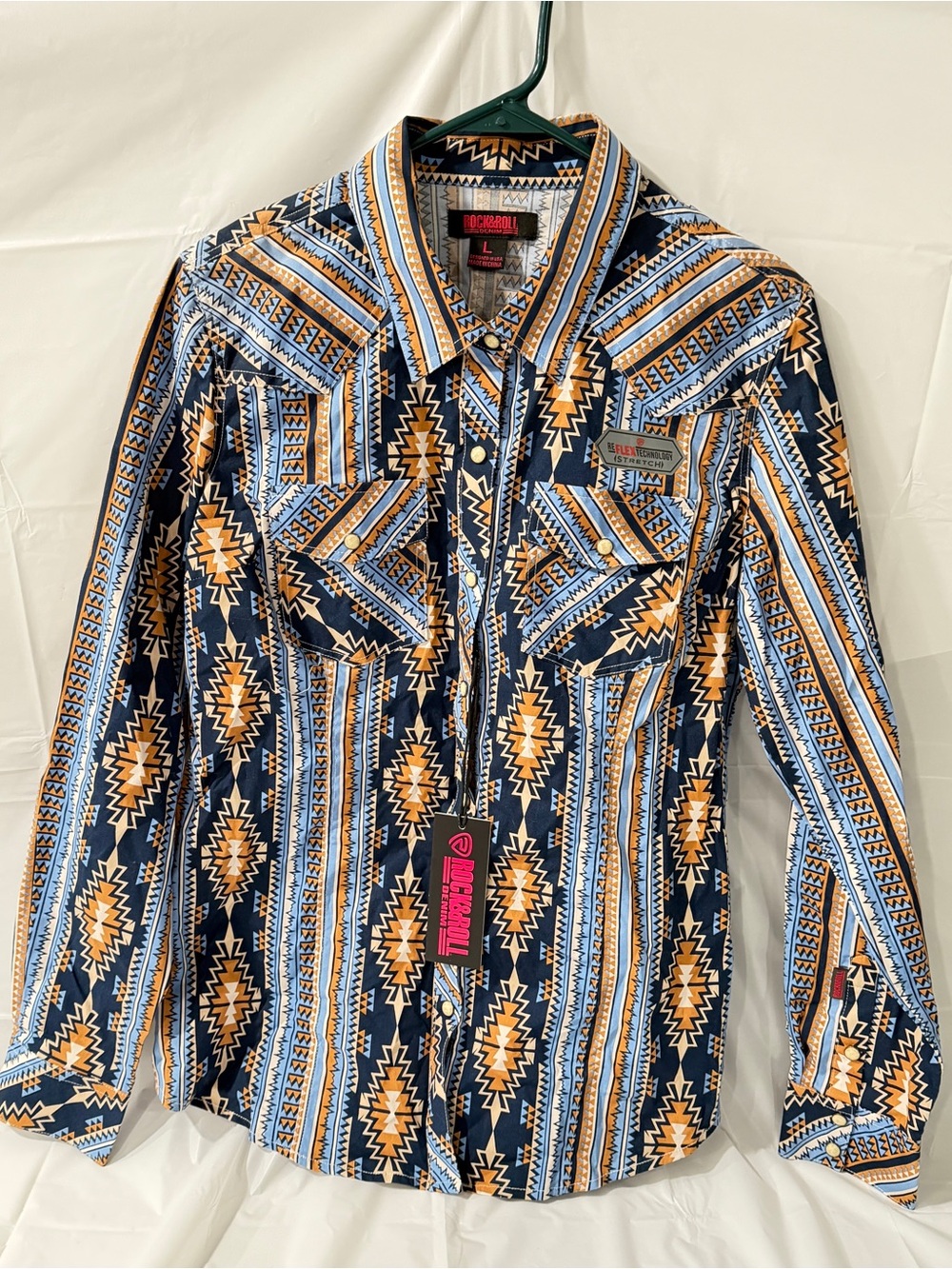 Rock and Roll Denim Geometric Western Shirt - Navy & Tan